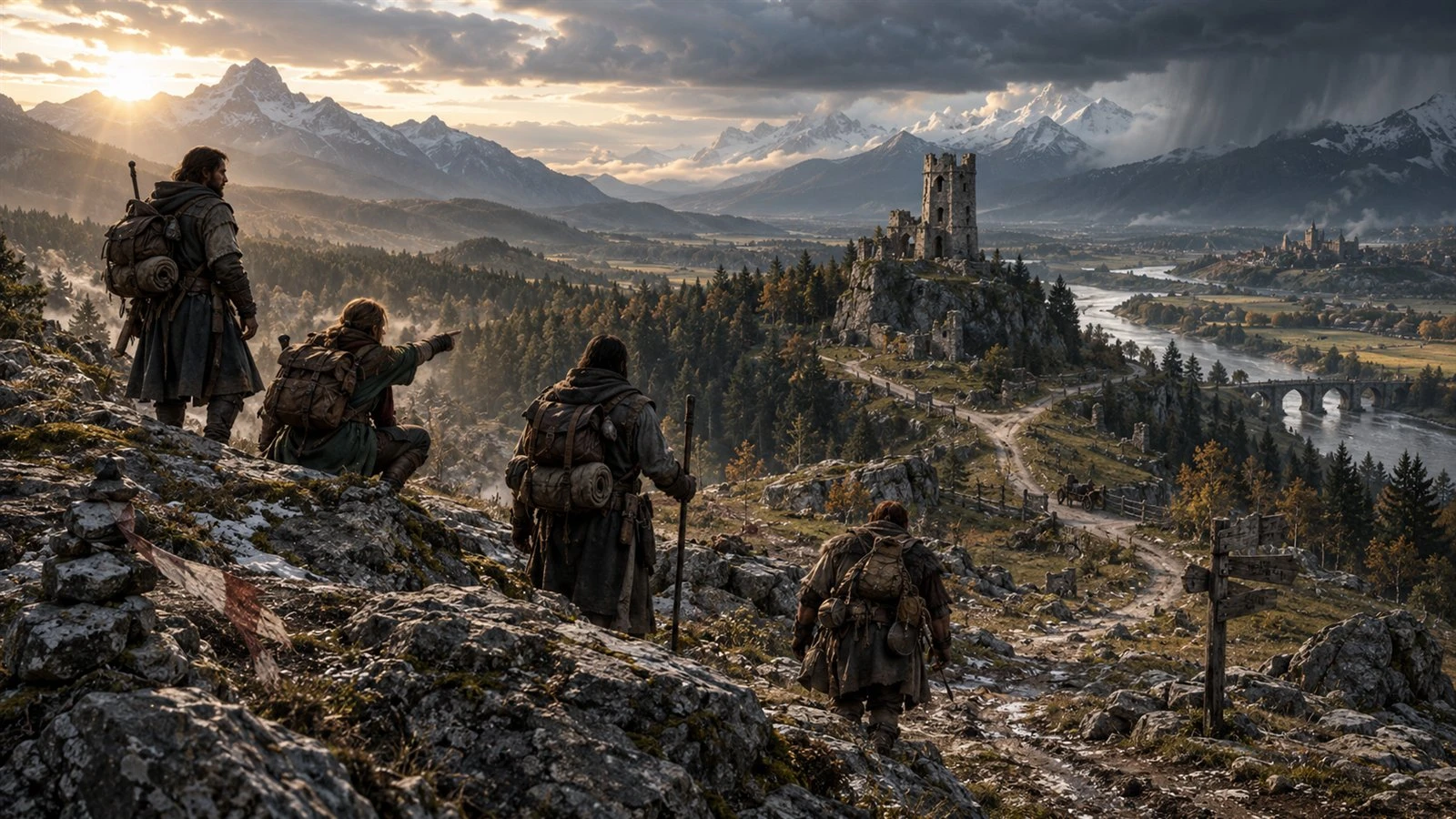 A party surveys roads, forests, ruins and distant settlements across a vast river valley