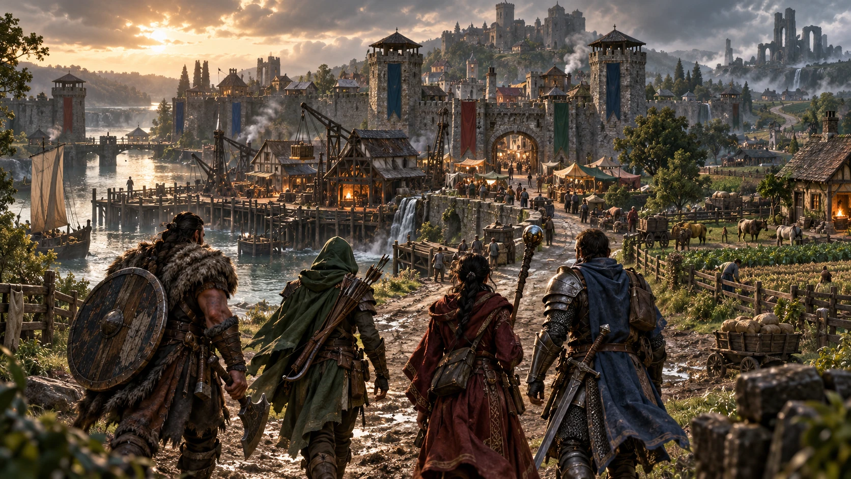 Four adventurers approach a living fortified river city with markets, trade and daily life