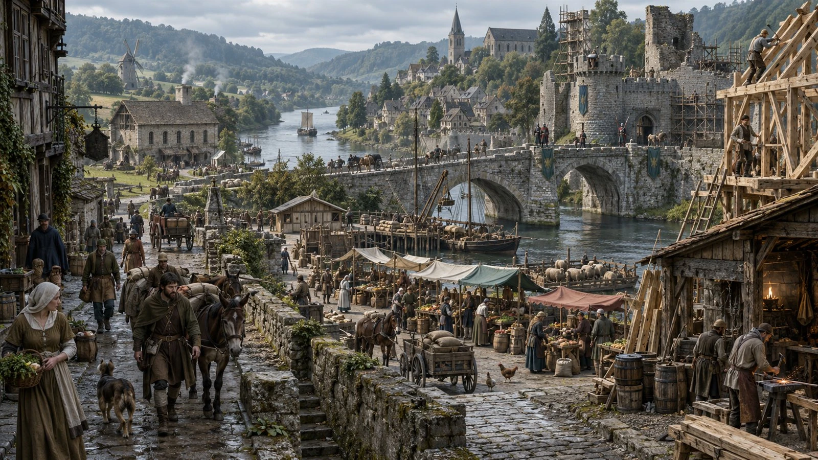 A busy river settlement with workshops, market stalls, bridge traffic and active construction
