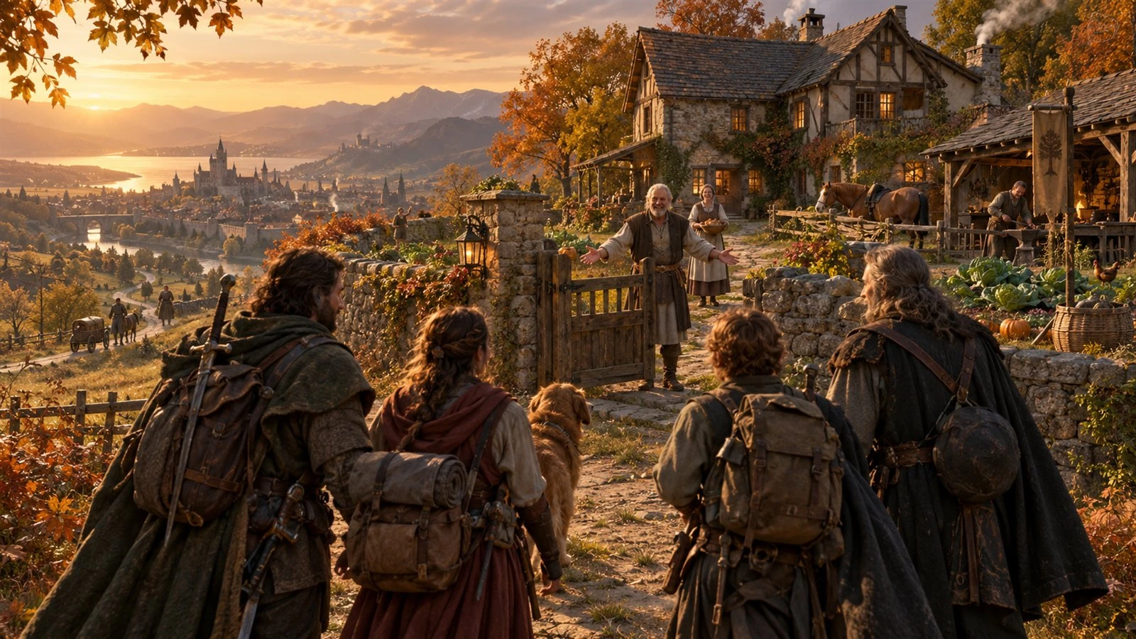Returning adventurers receive a welcome at a lived-in home overlooking a thriving town