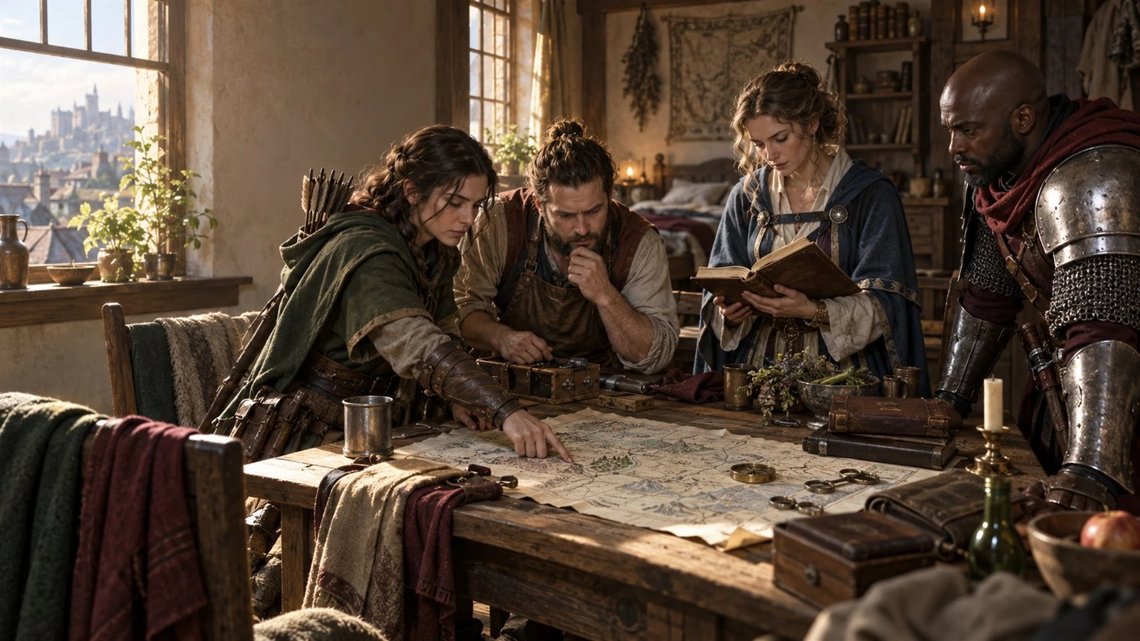 Four distinct adventurers plan together around a map, with different equipment and professions