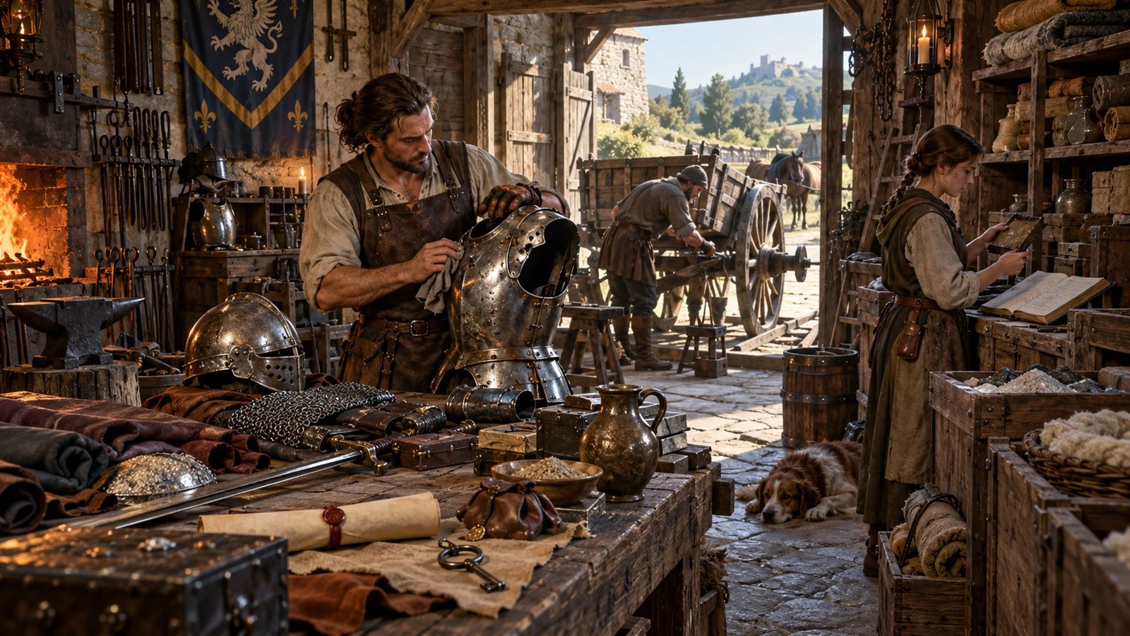 Craftspeople maintain armour and organise supplies in a working settlement workshop