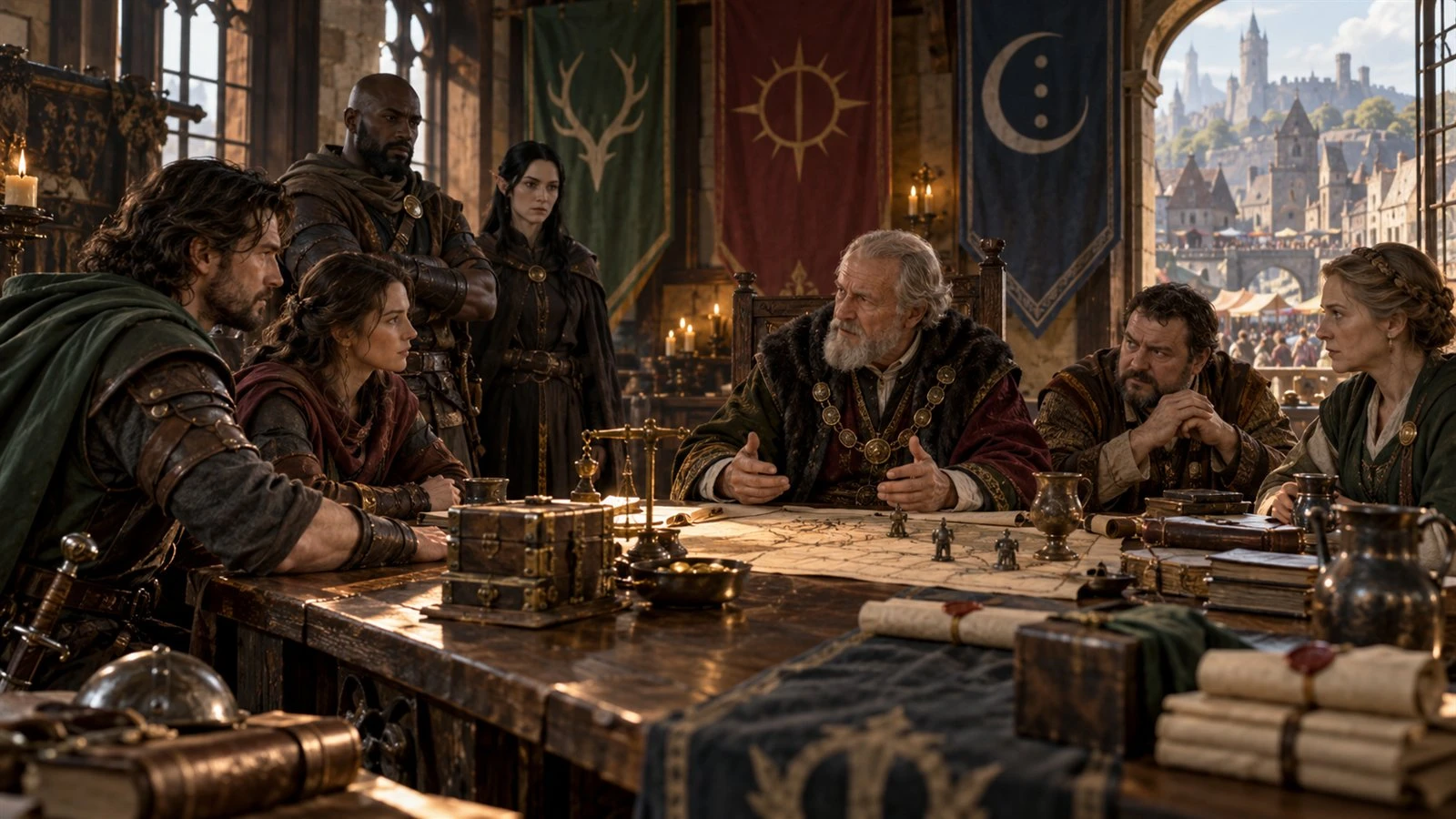 Travellers and local representatives discuss a map in a guild hall