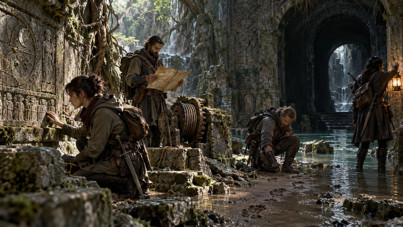 Adventurers investigate carved walls, mechanisms and passages in an ancient overgrown ruin